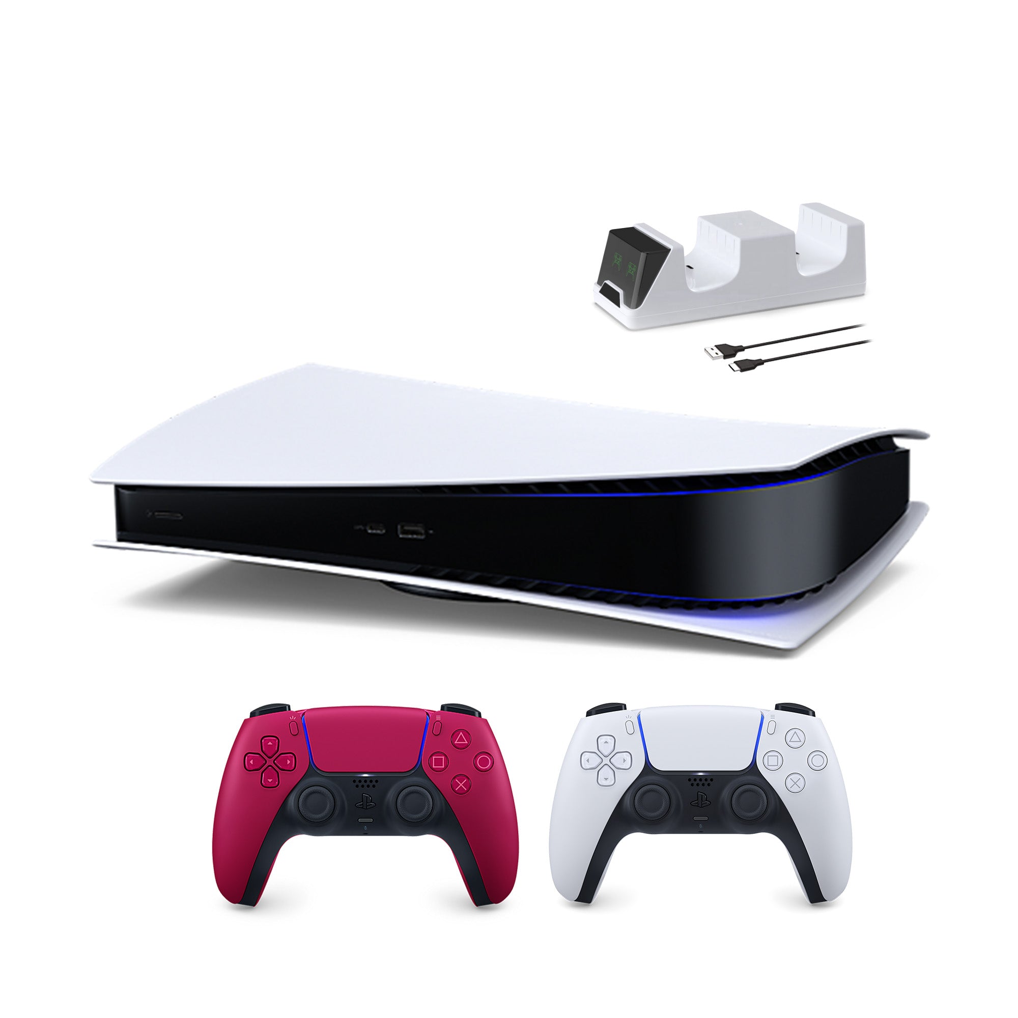 PlayStation 5 Digital Edition with Two Controllers White and Cosmic Red DualSense and Mytrix Dual Controller Charger - PS5 Gaming Console PlayStation 5 Digital Edition with Two Controllers White and Cosmic Red DualSense and Mytrix Dual Controller Charger - PS5 Gaming Console